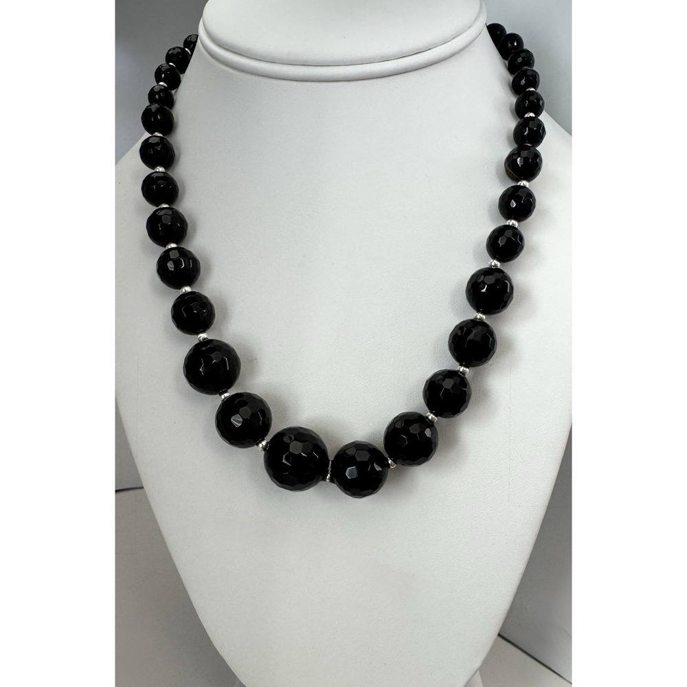 Sally C SX 925 Sterling Silver Black Faceted Onyx Bead Necklace 18" Toggle
